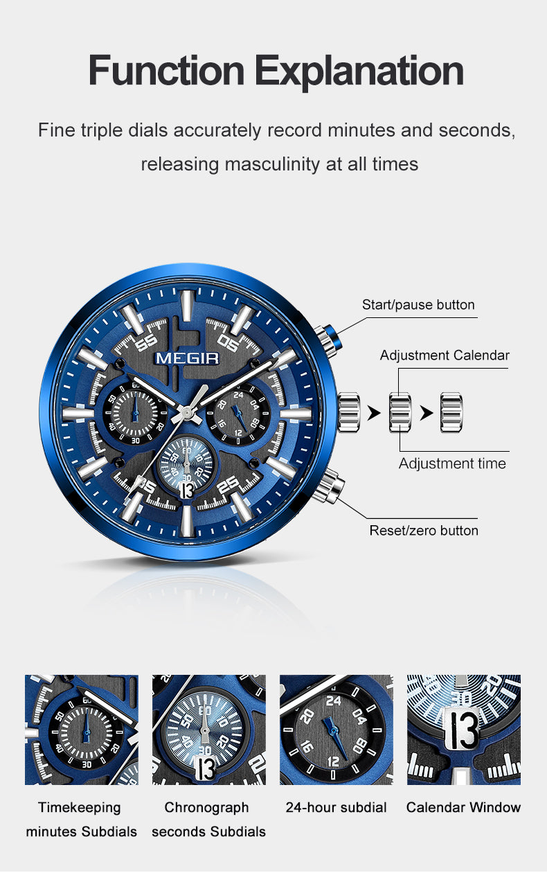 MEGIR Luxury Watch Mens Business Watches Calendar Stainless Steel Quartz Wrist Watch Clock Casual Chronograph Relogio Masculino-6