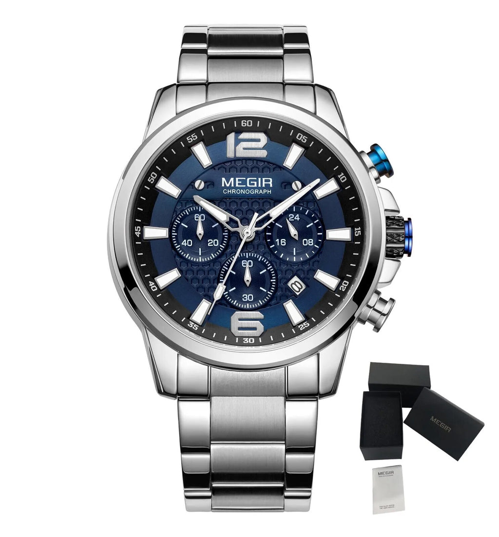 MEGIR Men's Quartz Wrist Watch Stainless Steel Band Chronograph Watches Luminous Waterproof Wristwatch Man Clock Military Watch-20