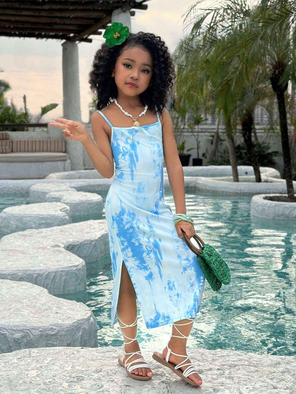 Ocean Pop Sky Blue Tie-Dye Spaghetti Dress